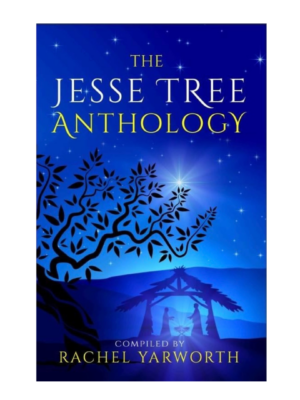 Jesse Tree Anthology Book cover image with blue nativity scene and a tree silhouette.